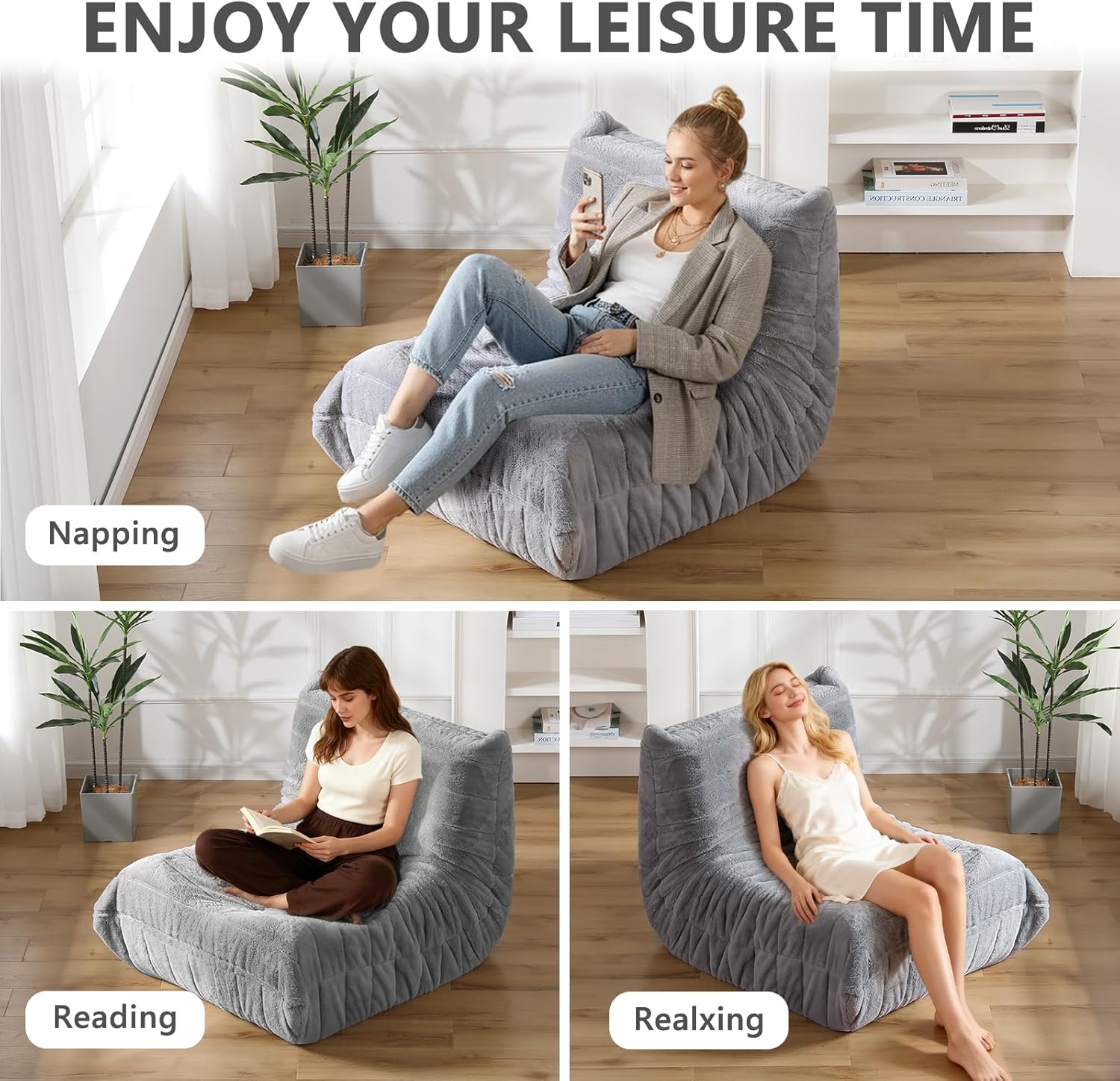 Bean Bag Chair for Adults, Giant Bean Bag Sofa Oversized Beanbag Chairs, Fireside Bean Bag Couch with High Density Sponge Filled Large Bean Bags Chair for Apartment Living Room Bedroom, Gray - Image 4