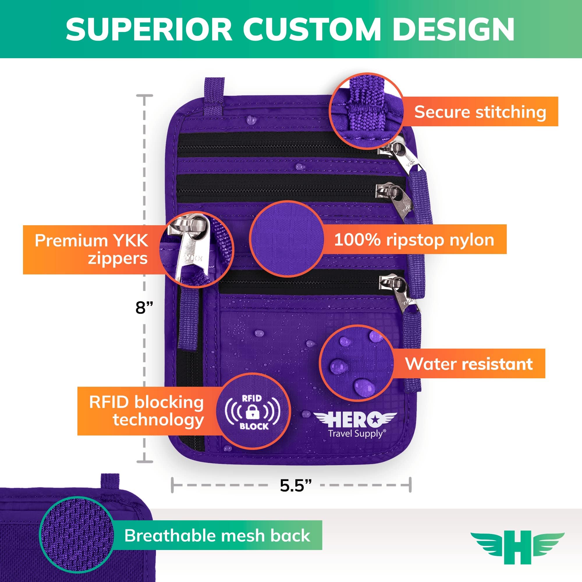 Portafoglio HERO - Porta passaporto con blocco RFID - Custodia da viaggio facile da nascondere, Viola, One_Size, Portafoglio RFID