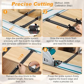 Precision Track Saw Parallel Guide System with Micro Adjustable Flip Stop, Zero Calibration, Repeatable Rip Cuts, 0.001 IN, Compatible with Festool Makita Milwaukee Triton Powertec WEN Guide Rails