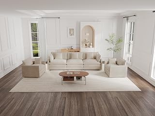 KEIKI 3-Piece Sofa Set with 1 Oversized Chenille 3-Seater Sofa & 2 Single Sofa, Upholstered Modern Style 5-Seater Couch Set with 7 Pillow, High-Density Foam Cushions, for Apartment, Living Room, Beige