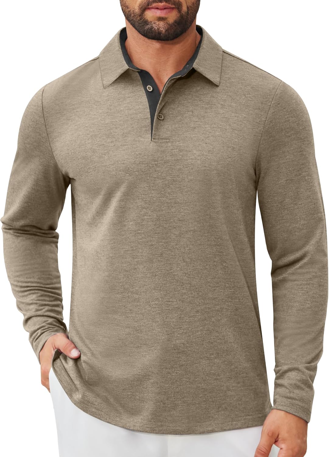 COOFANDY Mens Long Sleeve Polo Shirts Button Casual Tee Collared Work Pullover Shirts