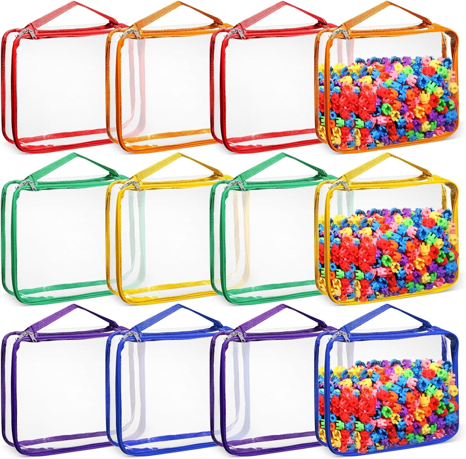 Sanwuta 12 Pcs Extra Large Toy Storage Bags 12.6 x 9 x 2.36 Inch Waterproof Toy Bags with Zipper Clear PVC Puzzles Organizing Container for Books Board Games Building Blocks Toiletry(6 Colors)