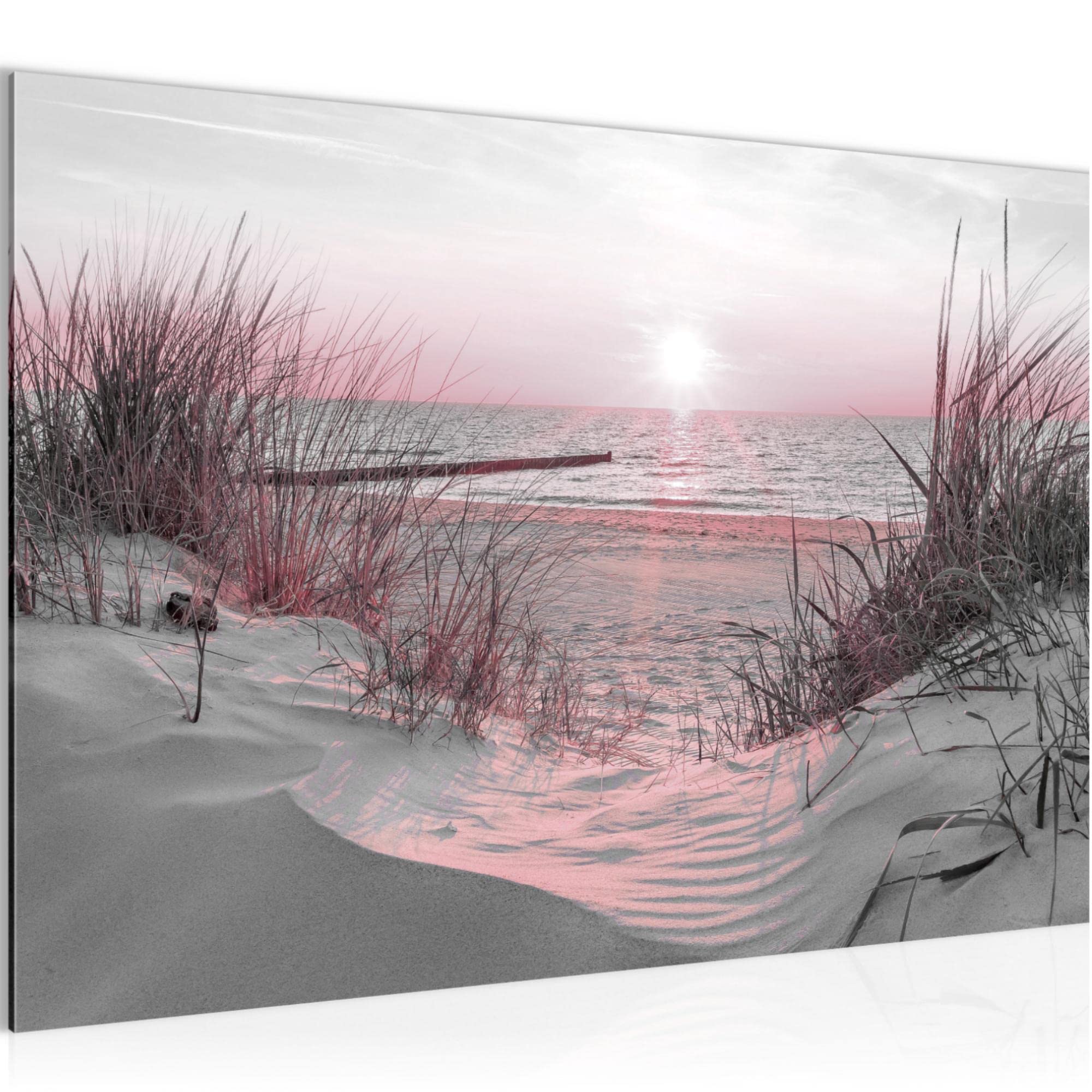Runa Art Beach B Canvas Picture Beach Sunset Modern Prints - 100% Made In Germany - Sea Nature Pink Grey Living Room Bedroom 041715B