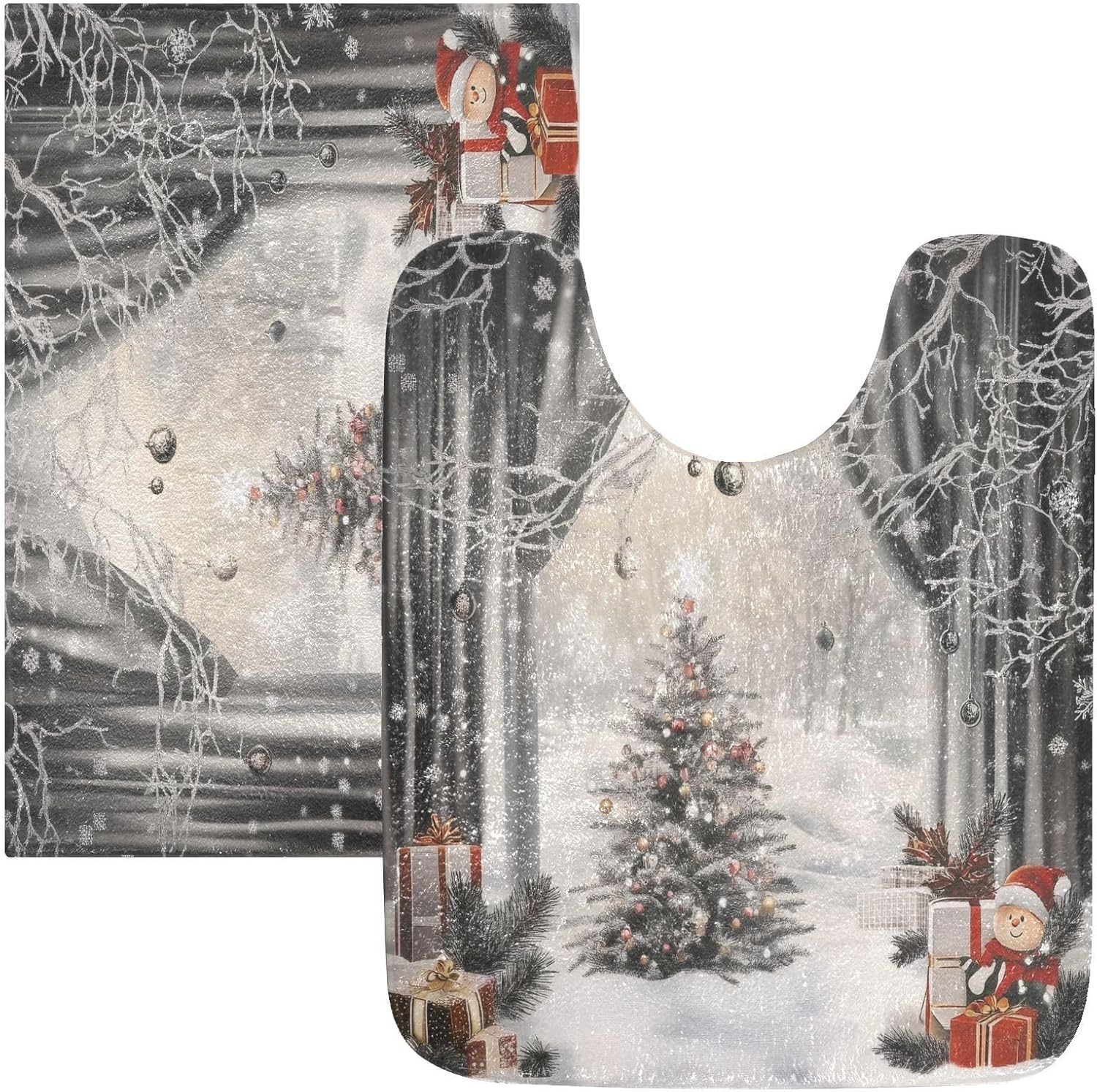 Snowman Snowflake Christmas Bathroom Rug Set 2PCS Ultra Soft Bath Rugs, Non Slip Absorbent Shaggy Bath Mat Set with U-Shaped Toilet Mat (16" x 24" & 20" x 24")