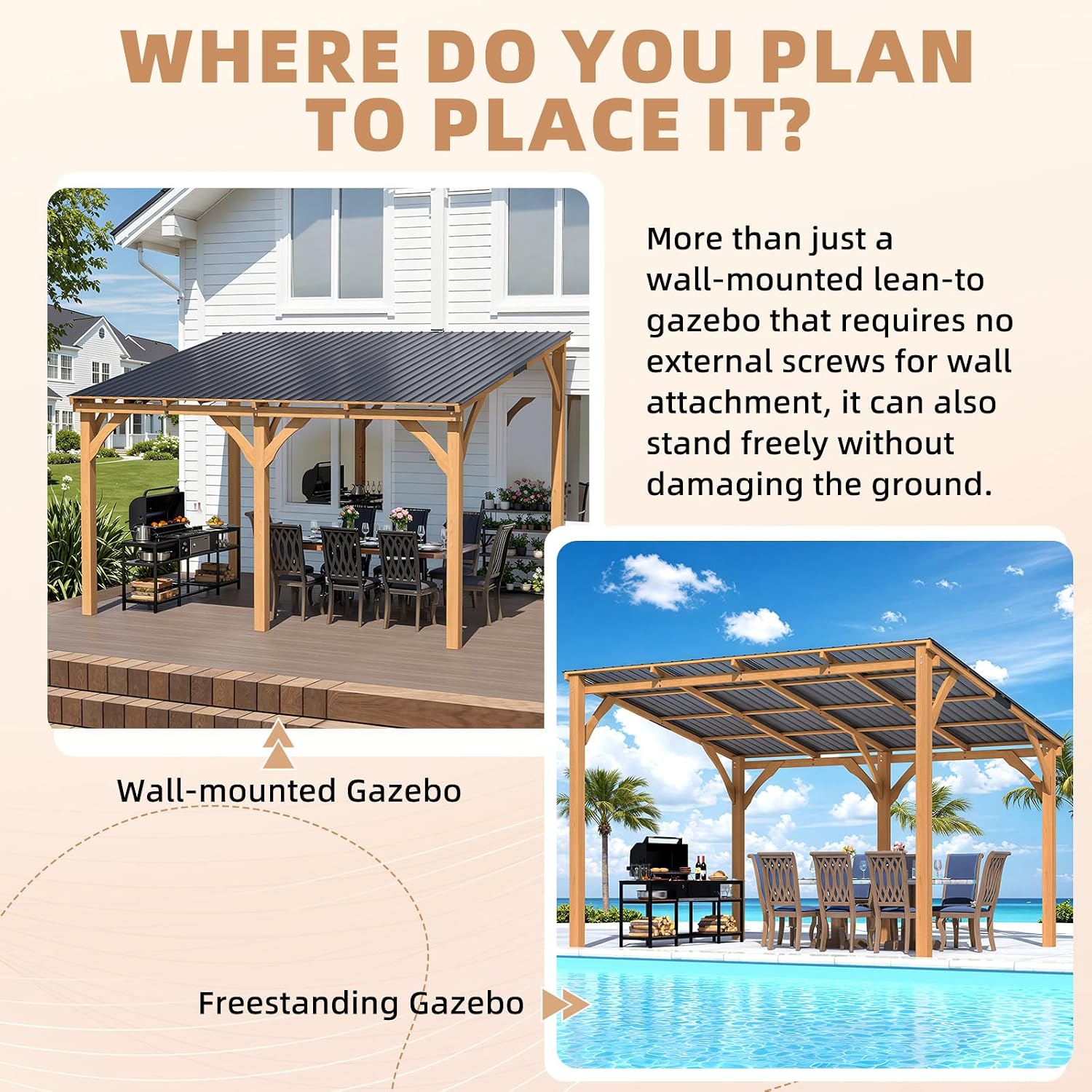 Image showing the AECOJOY gazebo installed as a wall-mounted unit and a freestanding unit.