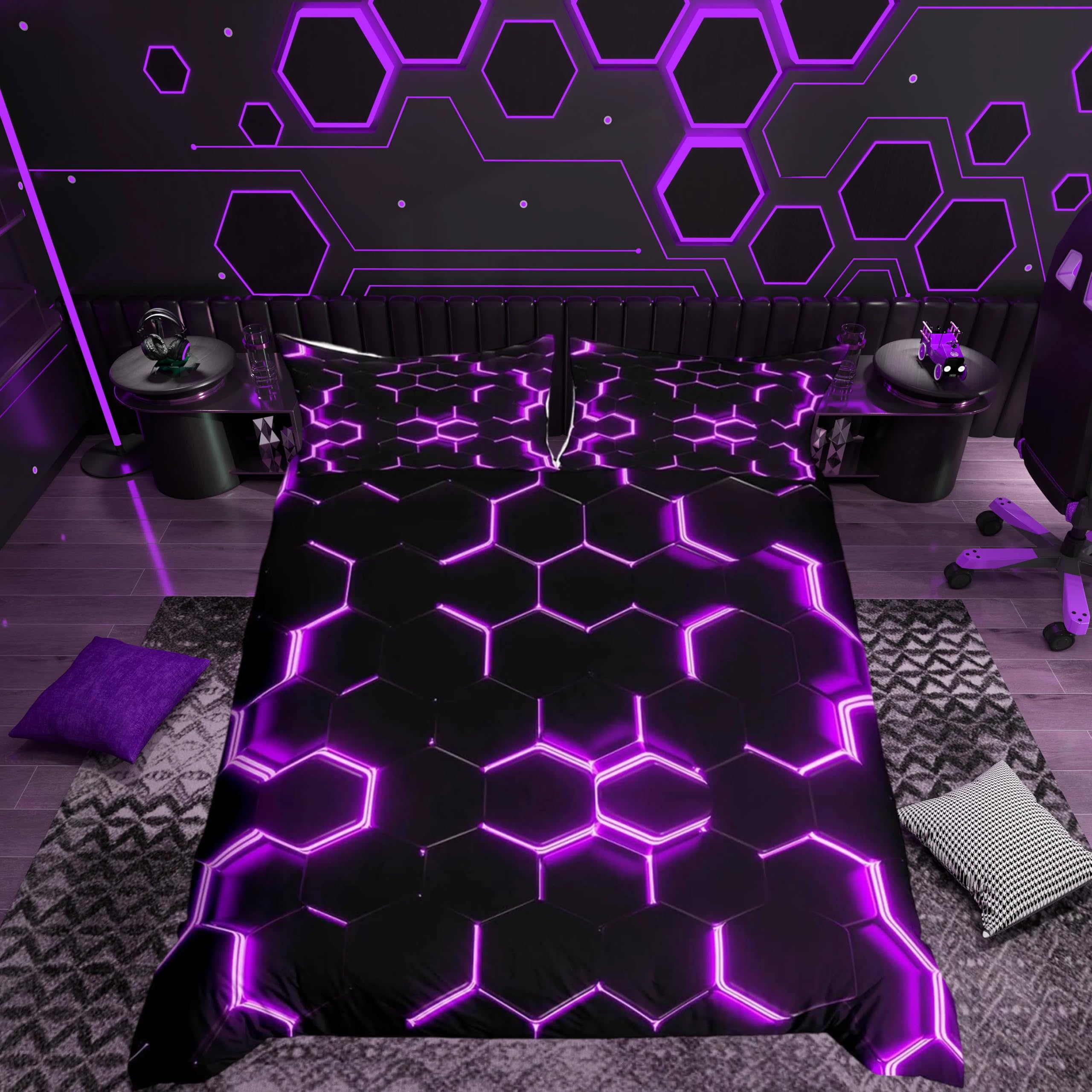 Boys Honeycomb Bedding Set for Kids Men Girls Modern Hexagon Theme Comforter Cover Purple Neon Decor Duvet Grid Art Bedspread Bedroom Collection 3Pcs Super King