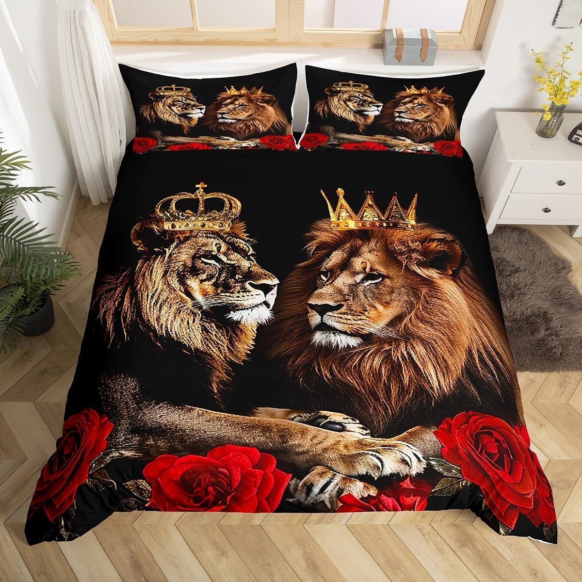 Loussiesd Kids Lion Couple Rose Bedding Set Super King Size, Queen and King Comforter Cover Wild Animal Duvet Cover Boys Girls Safari Print Bedspread Cover Bed Set With 2 Pillow Case