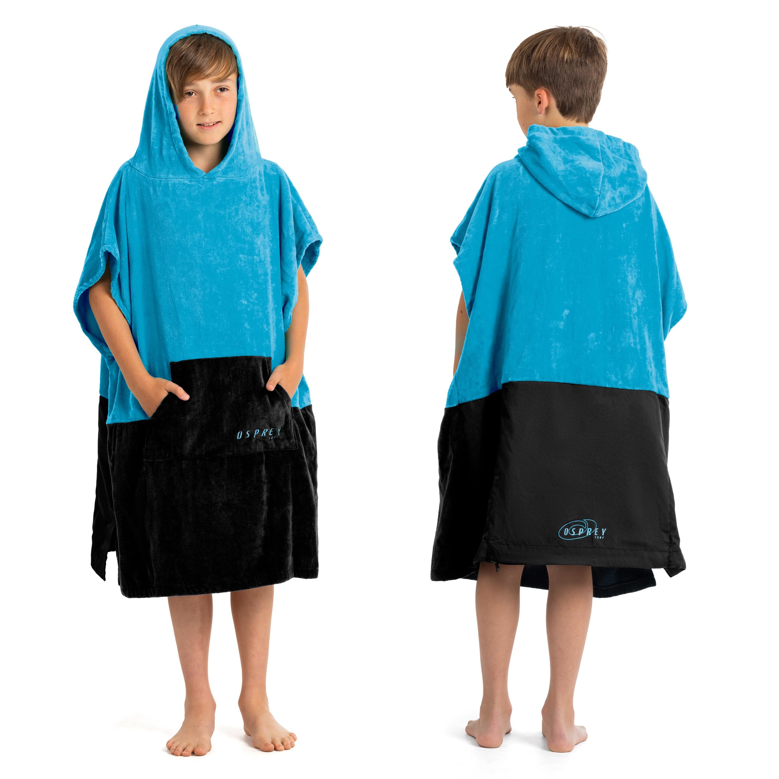 Osprey Poncho con cappuccio per bambini, accappatoio da spiaggia per ragazzi e ragazze dai 6 ai 12 anni per surf, nuoto, paddle, poncho con sezione protettiva impermeabile per sedile e design a