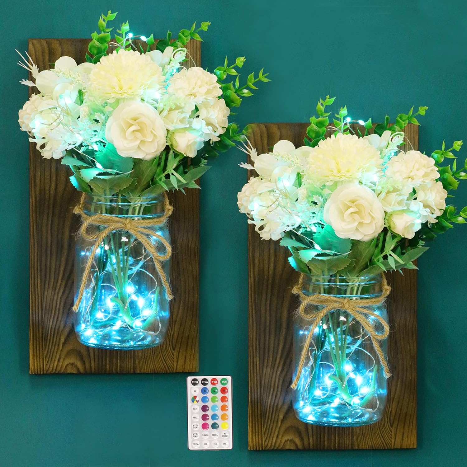 Rustic Wall Sconces, Alritz 16 Colors Mason Jar Sconces with Remote Control LED Fairy Lights for Farmhouse Home Room Bedroom Living Room Vintage Decorations Lights Set of Two