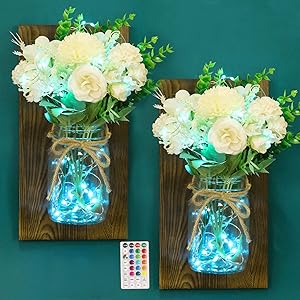 Rustic Wall Sconces, Alritz 16 Colors Mason Jar Sconces with Remote Control LED Fairy Lights for Farmhouse Home Room Bedroom Living Room Vintage Decorations Lights Set of Two