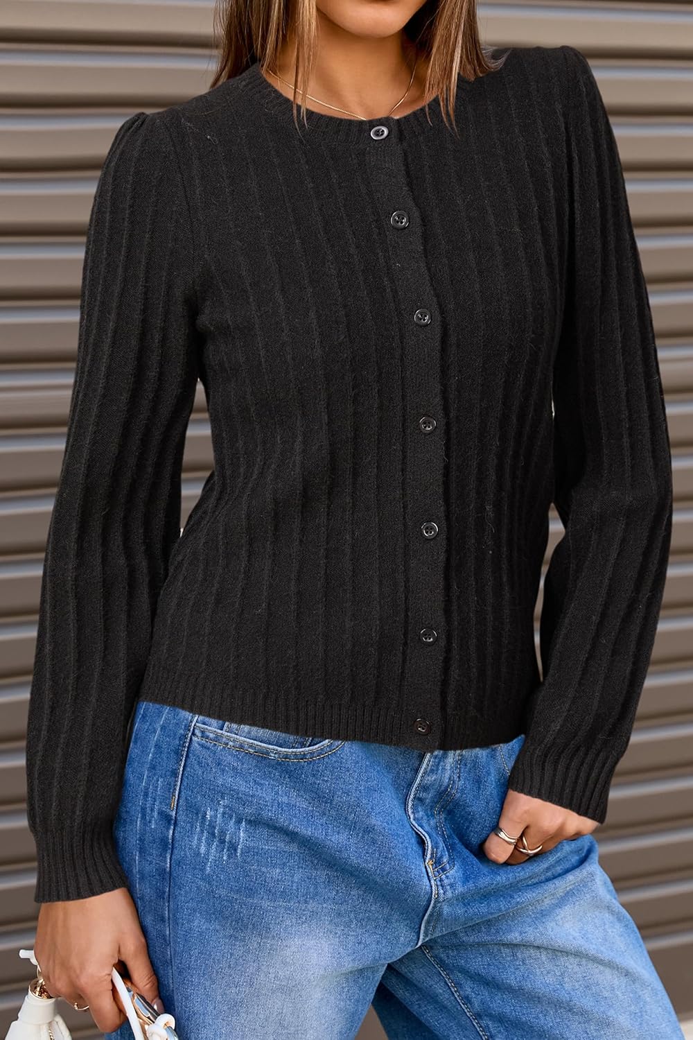 Arach&Cloz Womens Wool Blend Puff Sleeve Fall Cable Knit Cardigan Sweaters 2025 - Image 3