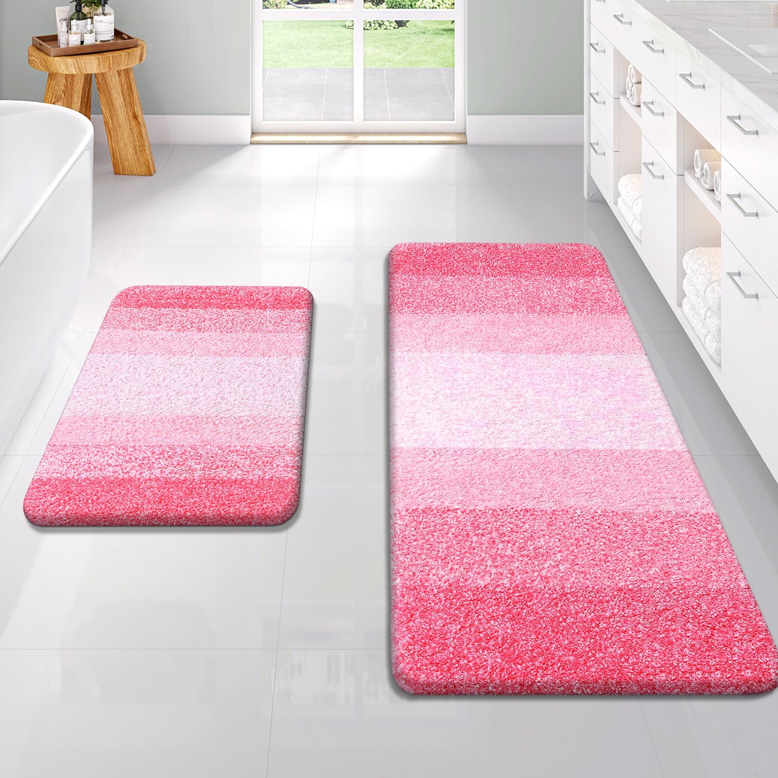 OLANLY Bathroom Rug Set 2 Piece, Soft Absorbent Microfiber Bath Rug Set, Non-Slip, Machine Wash Dry, Plush Shaggy Bath Mats for Bathroom (47"x20"+24"x16", Pink)
