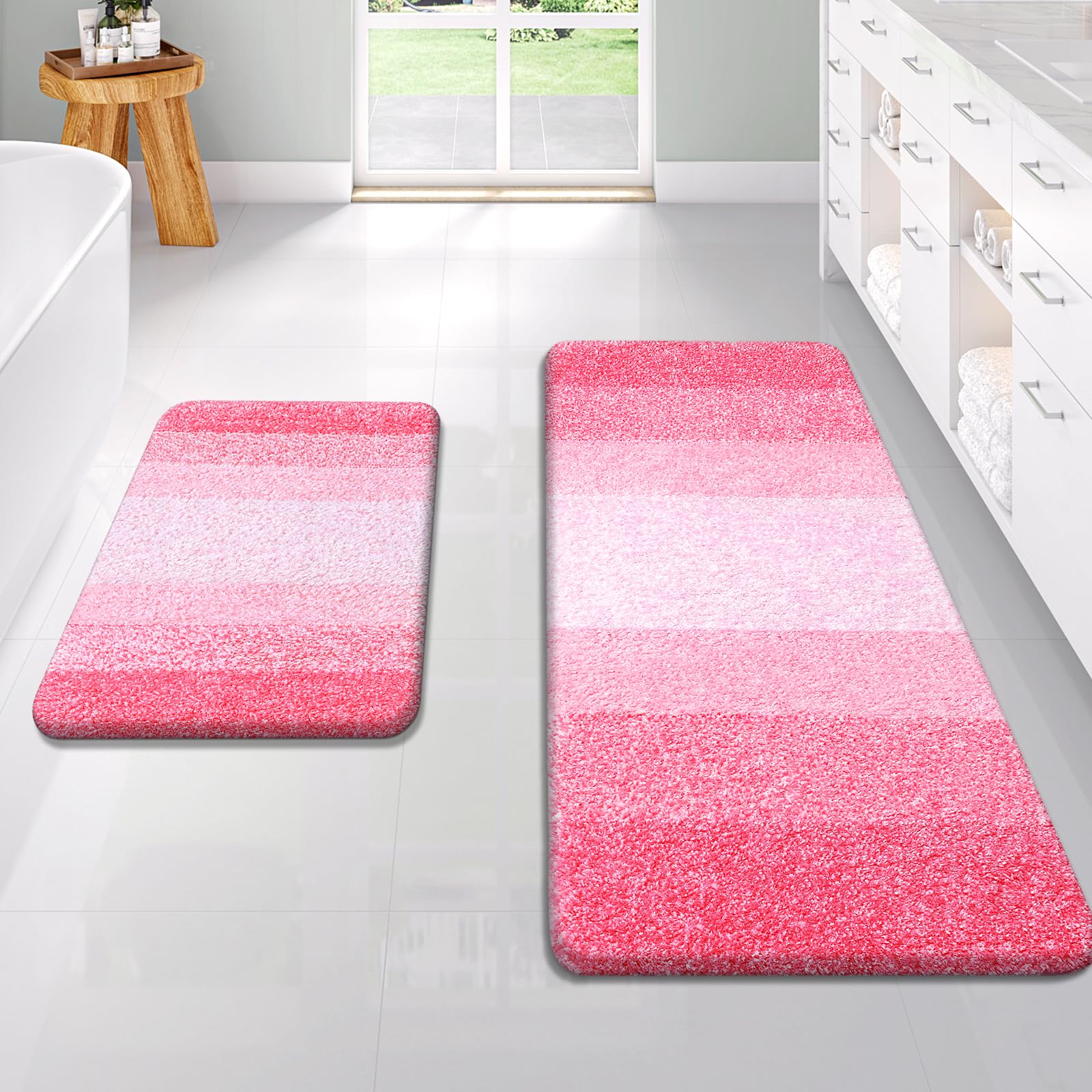 OLANLY Bathroom Rug Set 2 Piece, Soft Absorbent Microfiber Bath Rug Set, Non-Slip, Machine Wash Dry, Plush Shaggy Bath Mats for Bathroom (47"x20"+24"x16", Pink)