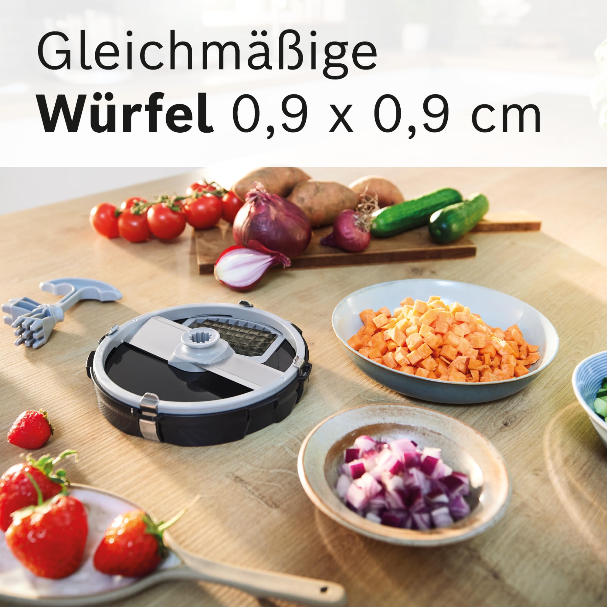 Bosch MUZS4CC nóż do krojenia w kostkę, akcesoria do robota kuchennego serii 2 i 4 (numer typu MUM5xxx, MUMS2xxx), równomierna kostka, wkładka do kostki 9 mm, w zestawie środek do czyszczenia kratki