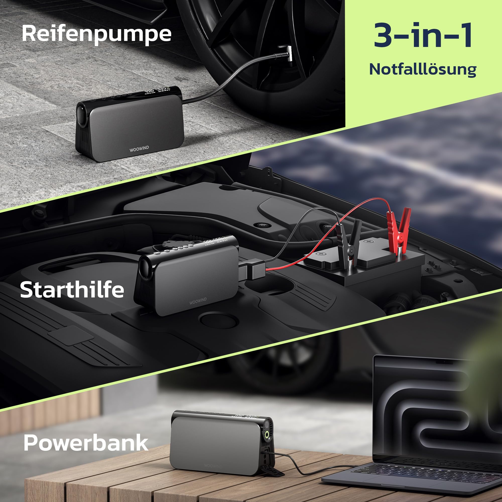 Woowind 3-in-1 Starthilfe, Akku Kompressor, 65W Powerbank, 10.3 BAR | 150PSI Akku Kompressor, 65W Powerbank, LED-Licht, Auto Starthilfe, 16000 mAh Booster Auto
