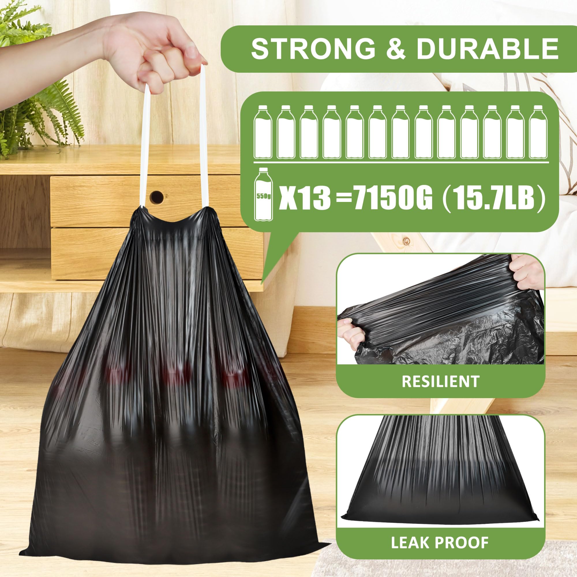 140 bolsas de basura pequeñas, bolsa de basura de 4 galones, 6 x 19.7 pulgadas, bolsas de basura para oficina, dormitorio, baño, bolsas de basura pequeñas negras sin perfume