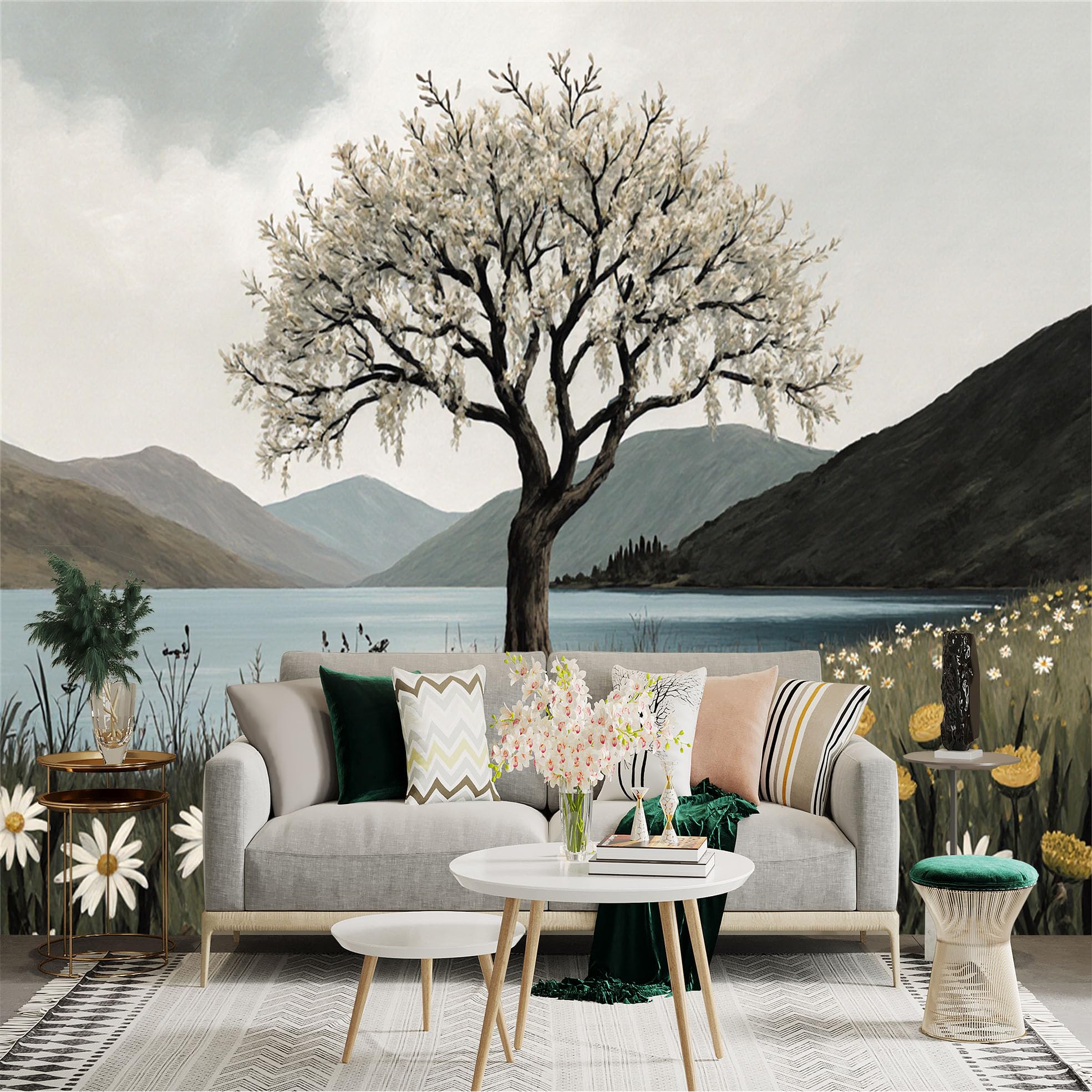Custom Size Wall Sticker Mural， Flowering Tree by Lake， Serene Mountain Landscape， Wildflowers in Meadow， Peaceful Nature Scenery， for wall Decoration， peelandstick wall Decals.