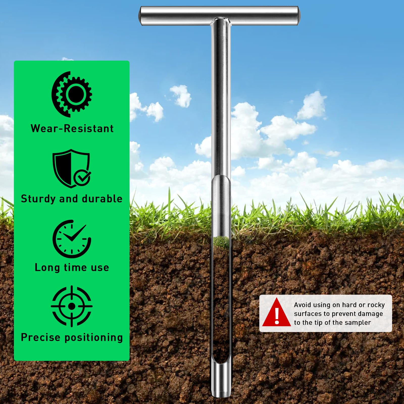 Muestreador suelo 51 cm acero 304 - Sonda en T 2.5 mm con 2 bolsas para análisis de suelos agrícolas, forestales, jardinería