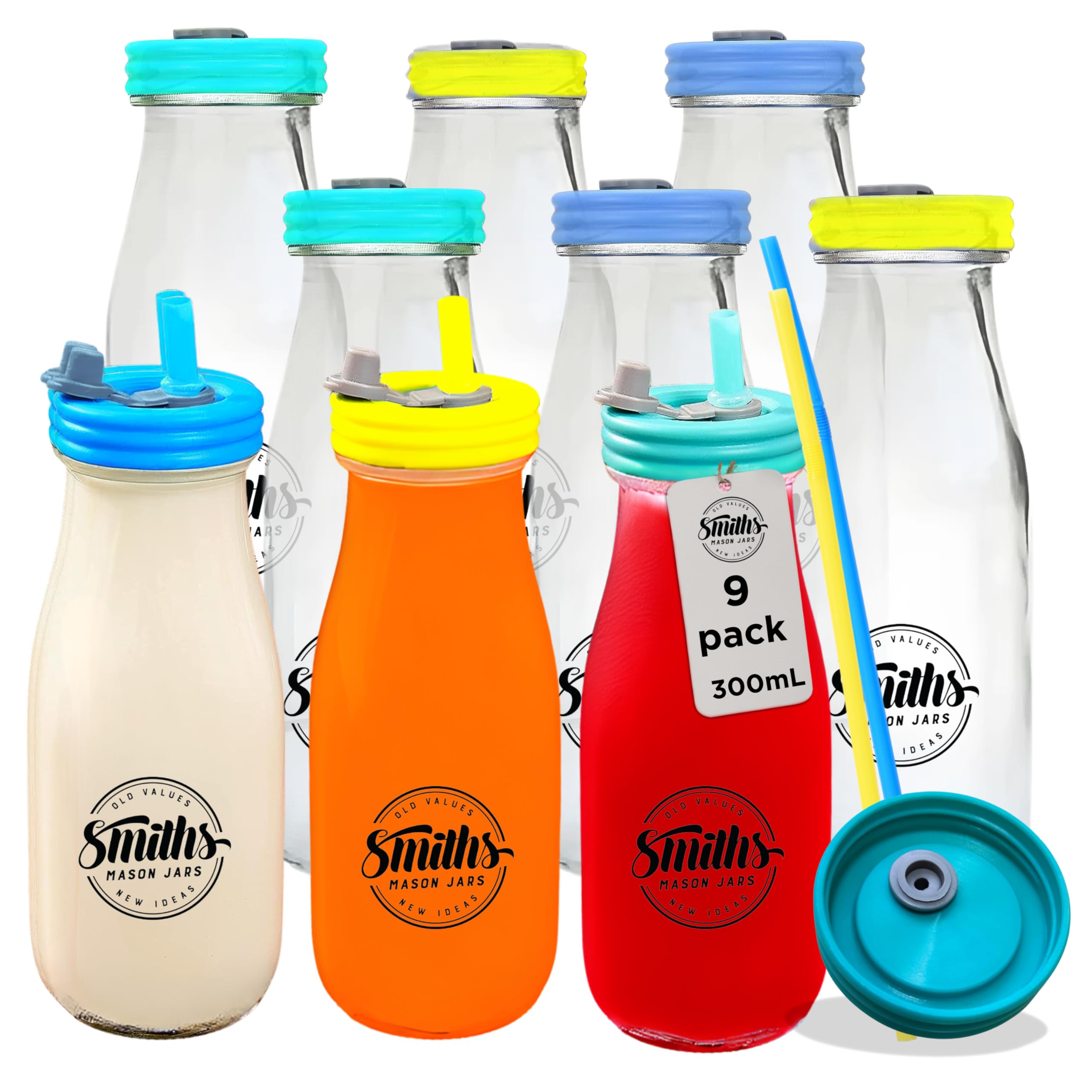 Smiths Mason Jars - Pack of 9, 10oz/300ml Glass Bottles with Lids - Leak-Proof, Spill-Proof Clear Glass Milk Bottles with Lids and Reusable Straws - Ideal for Milk, Juice, Smoothies, and Milkshakes