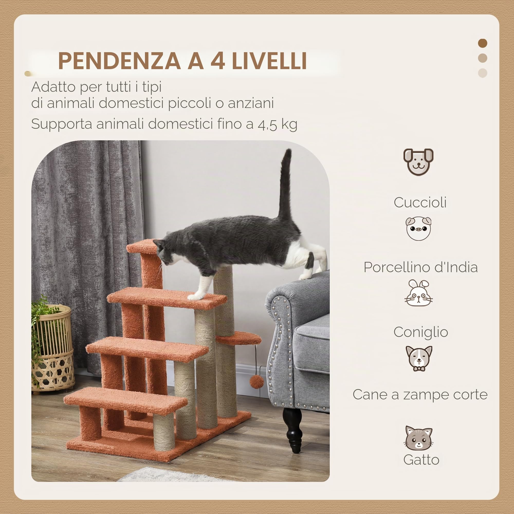 PawHut 4 livelli scale per gatti tappezzate per letto alto Marrone