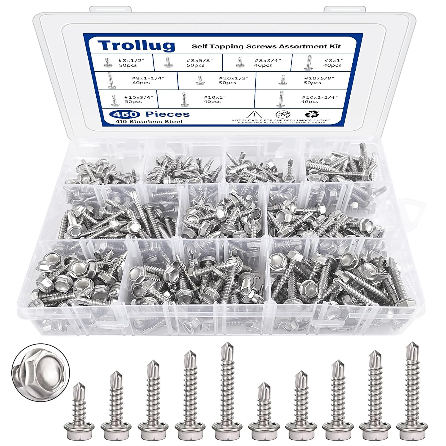 Trollug 450PCS 410 Stainless Steel Self Tapping Drilling Screws #8 #10 Hex Head Sheet Metal Screws Assortment Kit 1/2"-1-1/4"