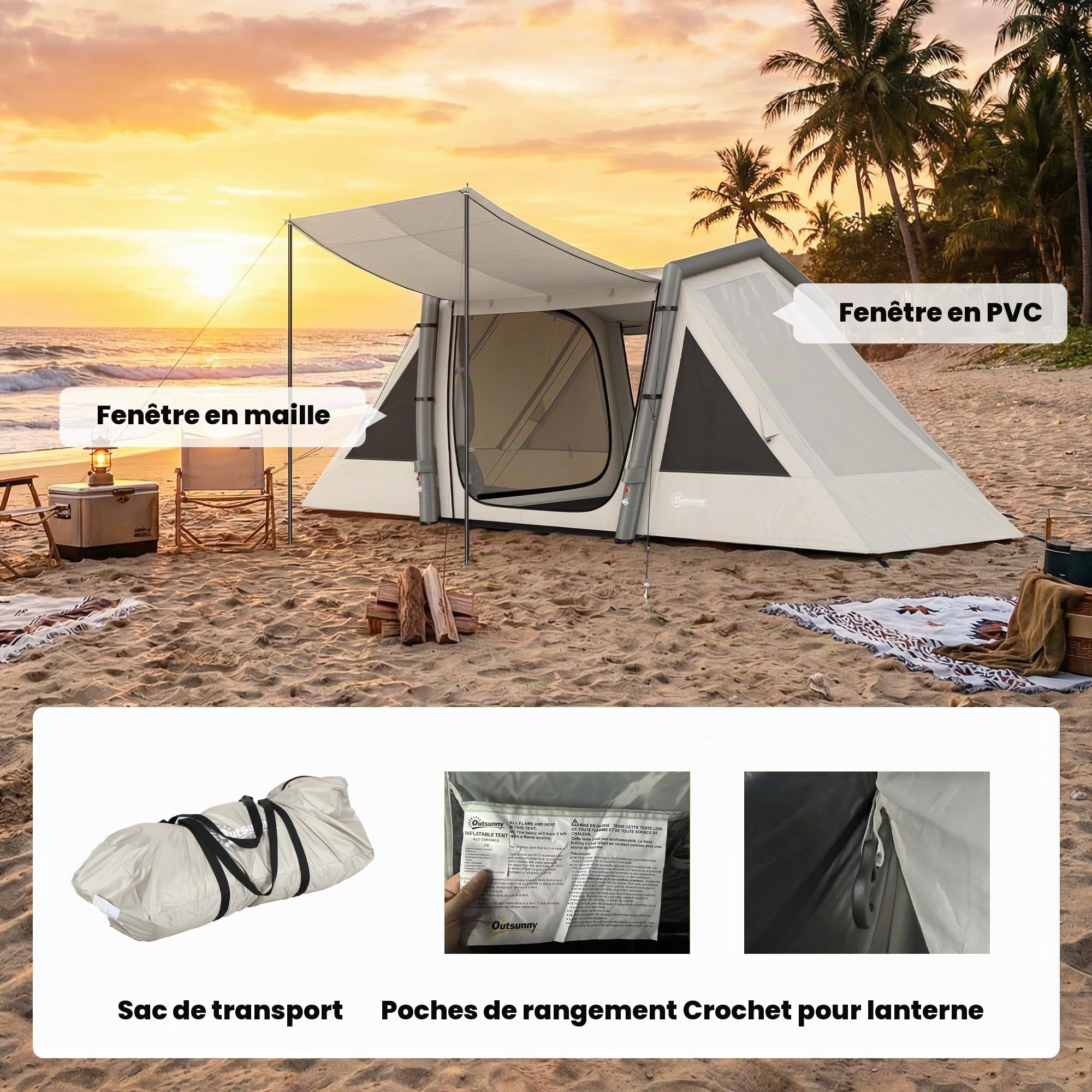 Outsunny Tente Gonflable 4 Personnes Montage Rapide Occultante