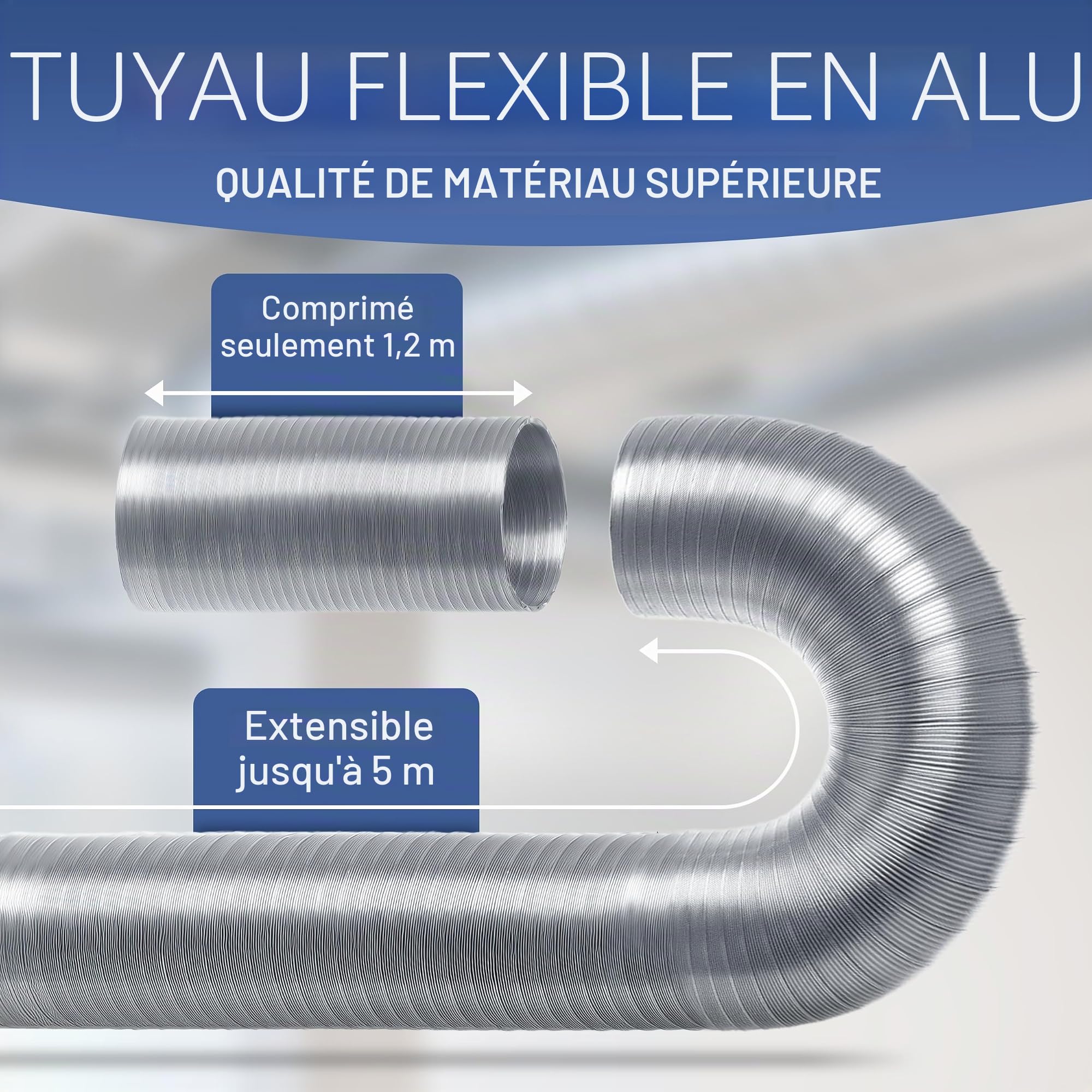 Tube flexible en aluminium 3 m (simple couche)/5 m (double couche) DN 50 63 71 76 80 100 125 150 160 180 200 224 250 - tube/tuyau d'aération flexible en aluminium, argent