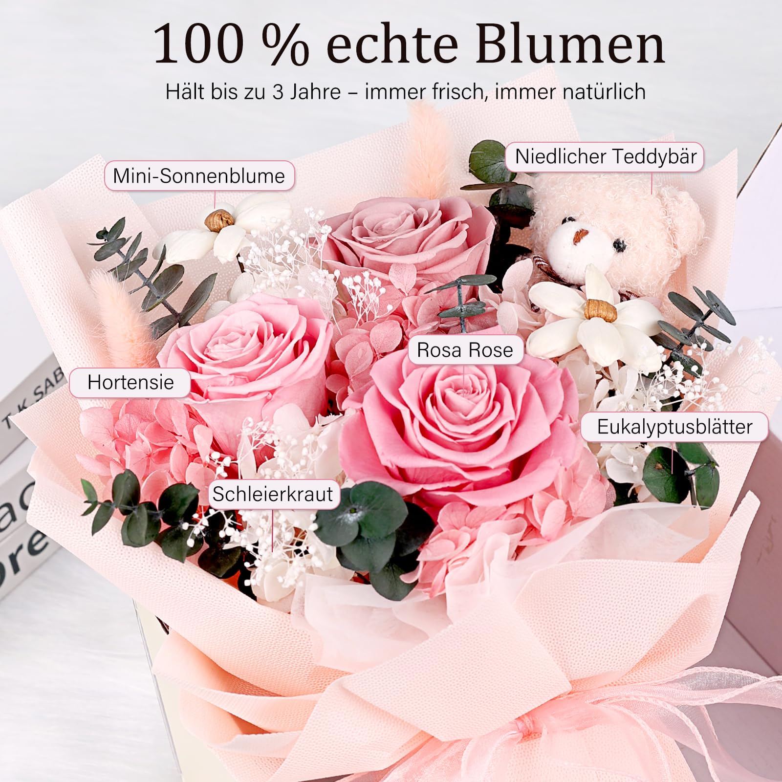 Konservierter Blumenstrauß mit Bär, 3 Infinity Rosen, rosa Rosenstrauß, Geschenke für Frauen, Valentinstag, Muttertag, Jahrestag und Geburtstagsgeschenk für Freundin, Mädchen, Mama