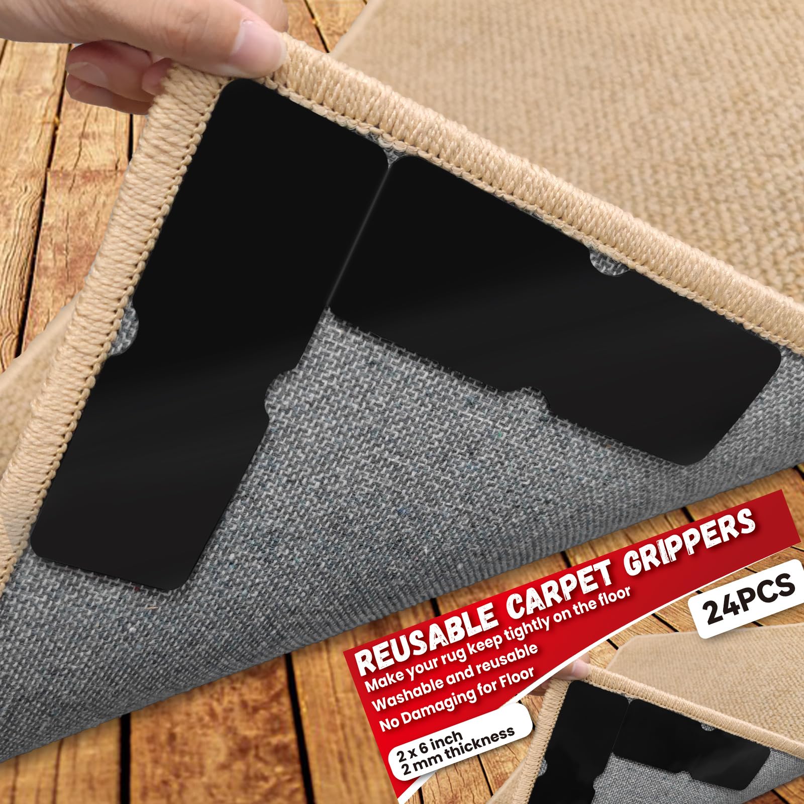 Rug Carpet Non Slip Grippers, Reusable Double Sided Carpet Tape Pads, Strong Adhesive Grippers for Area Rugs, Keep Corners Flat, No Damaging for Floor Removable,16Pcs