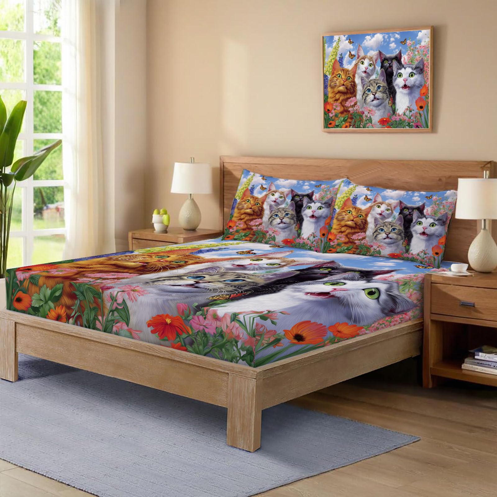 Sábanas 200X190/200Cm - Juego De Sábanas 3 Piezas Estampadas Lindo Gato - Microfibra Suave Transpirable - Sábana Bajera Ajustable - Ropa De Cama Jardín De Ensueño (Azul Cielo)