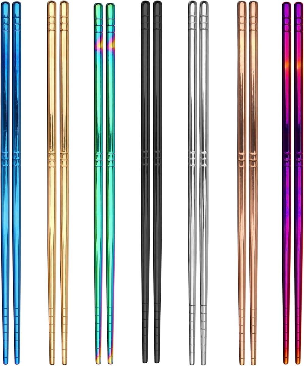 7 Pairs Metal Chopsticks, 7 Colors Reusable Stainless Steel, 13 Rings Pattern Non-slip Dishwasher Safe Chop Sticks, Square Lightweight, 8.9 Inches