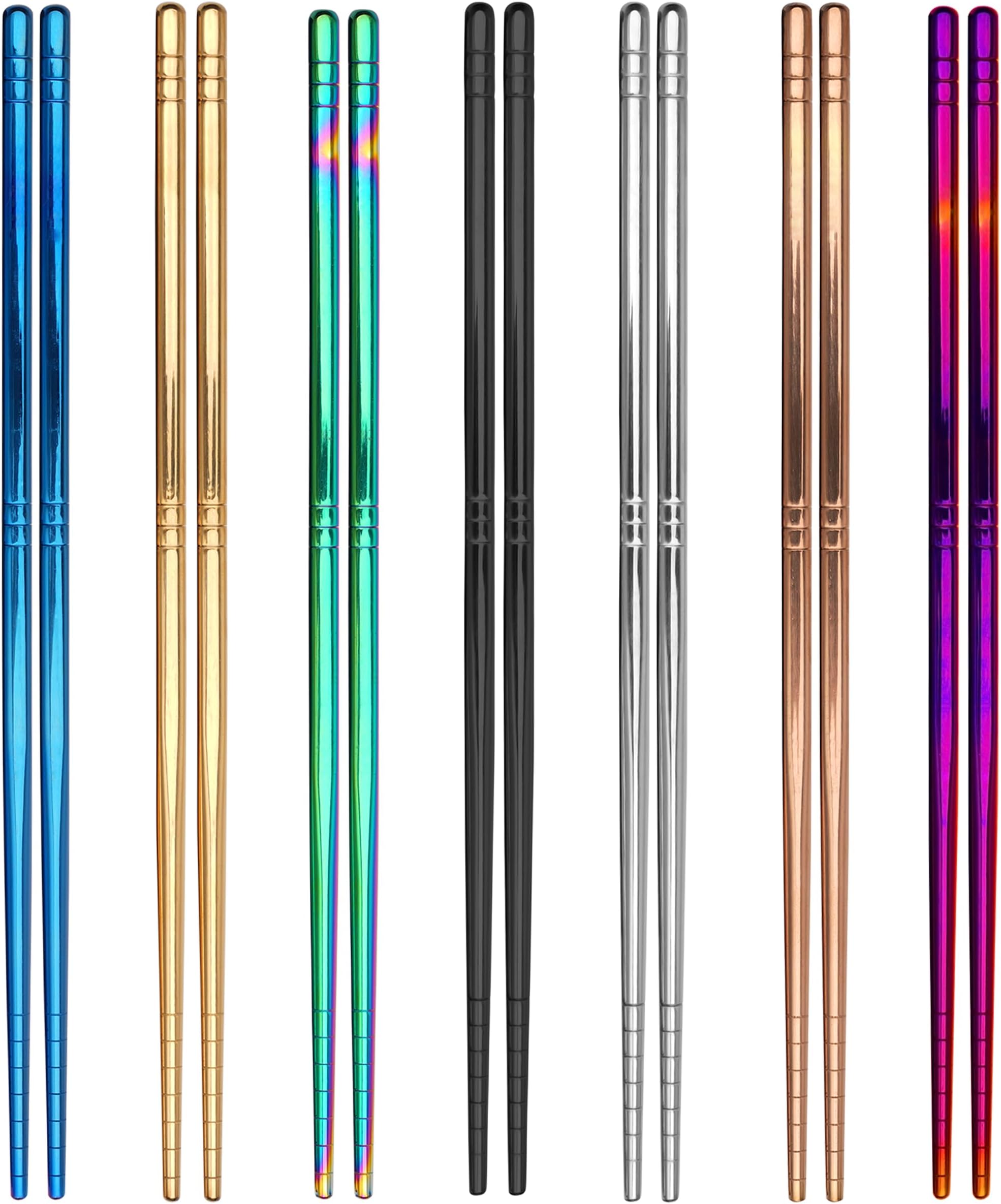 ESSBES 7 Pairs Metal Chopsticks, 7 Colors Reusable Stainless Steel, 13 Rings Pattern Non-slip Dishwasher Safe Chop Sticks, Square Lightweight, 8.9 Inches