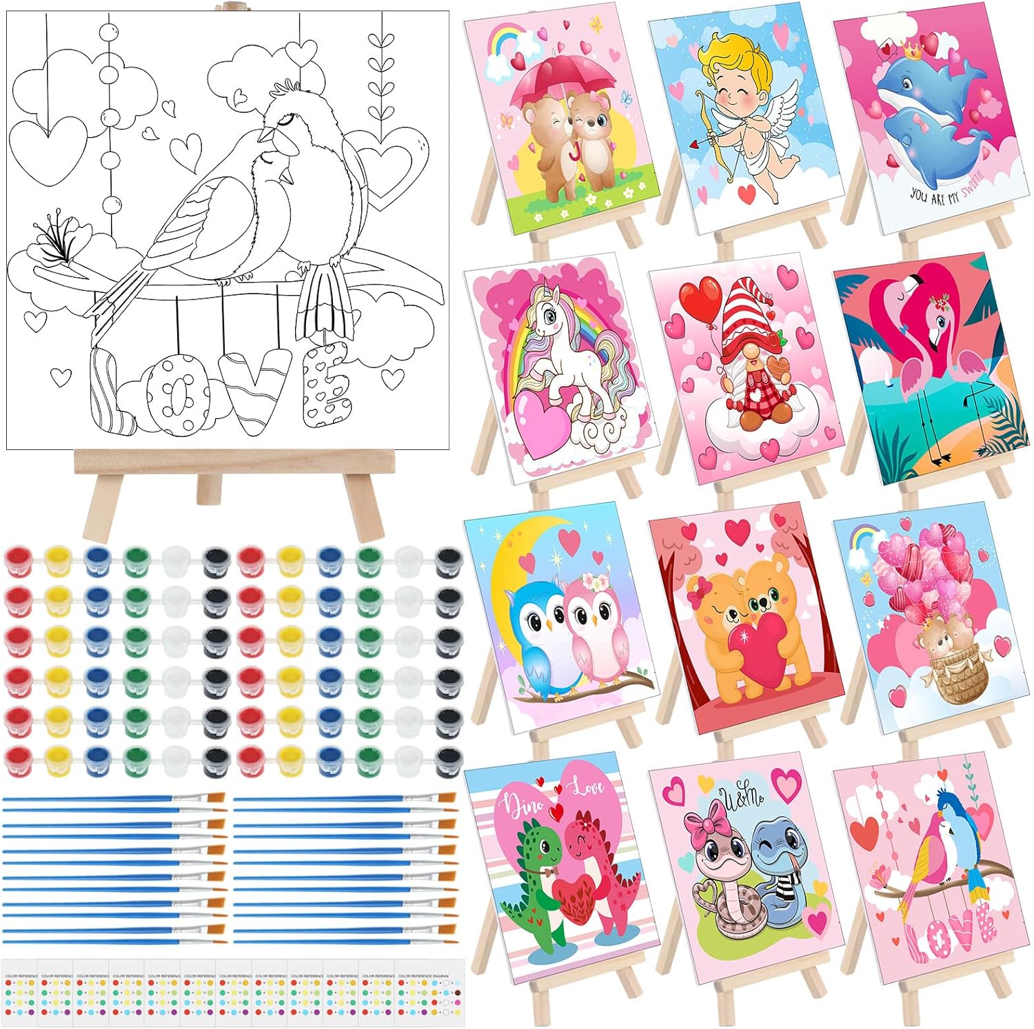 Tenceur 12 Sets Valentine's Day Paint by Numbers Kit Pre Drawn Canvas Painting Set with Easels, Paints & Brushes, Cute DIY Art Craft for Kids, Beginners, Classroom & Valentine Party Supplies