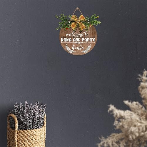 Miniatura 5 de Divertido letrero redondo de madera de bienvenida con texto en inglés "Welcome to Nana and Papa's House", letrero de madera colgante rústico para