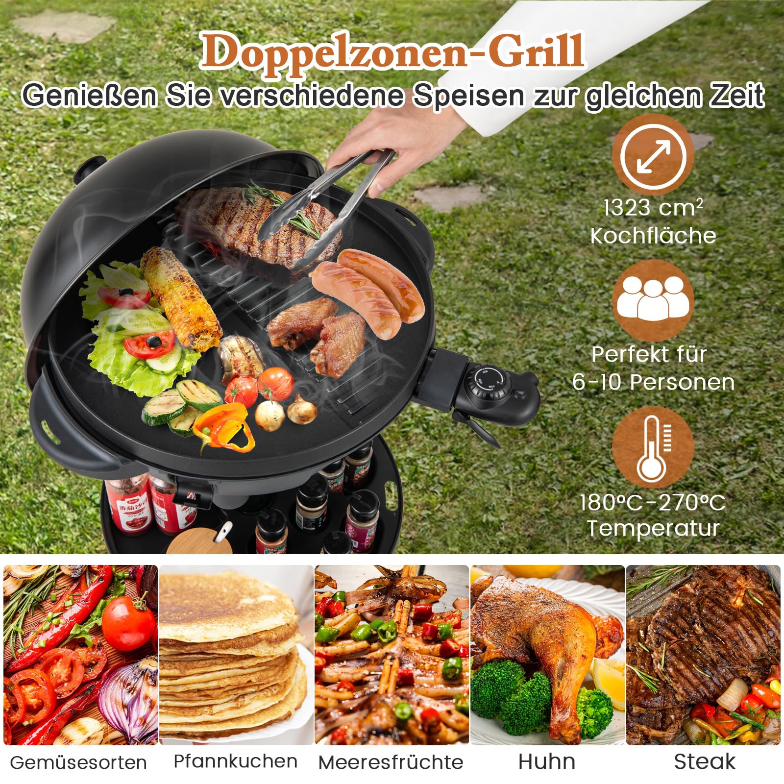 GOPLUS Elektrogrill für Balkon, Standgrill mit einstellbarer Temperatur, 2-Zonen Antihaftplatte, stabiler Tischgrill mit Gewürzregal & Fettauffangbehälter, für Innen- & Außenbereich