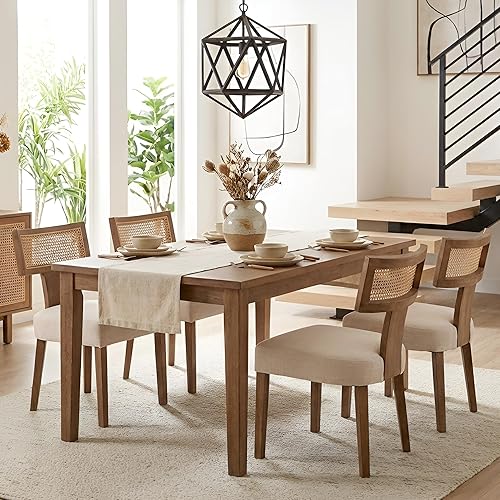 Miniatura 8 de HNY Juego de 4 sillas de comedor de ratán modernas de mediados de siglo, sillas de comedor tapizadas de lino de granja, sillas de cocina con Rattan