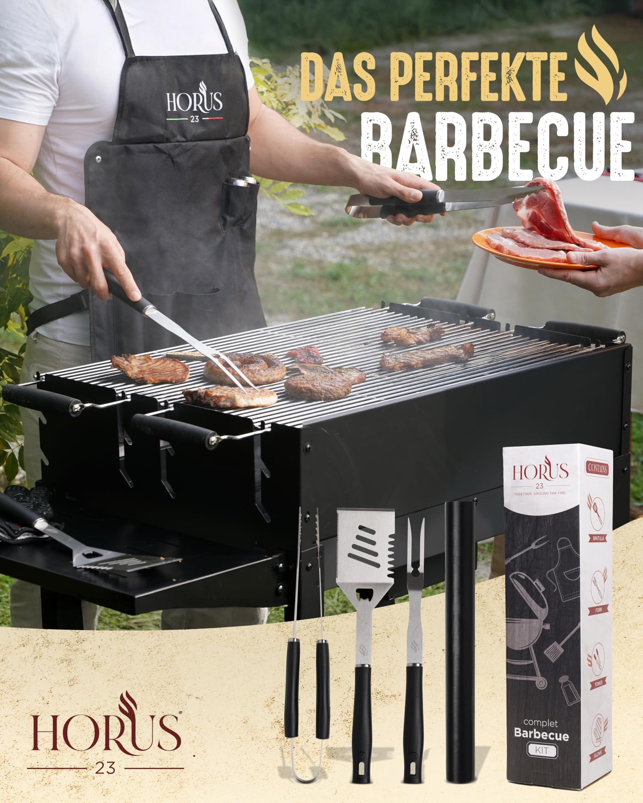 HORUS 23® – Grill Set mit Grill Zubehör aus Edelstahl, Oxford-Schürze, Hitzeschutzhandschuh und Grillmatte - Geschenke für Männer Grillen
