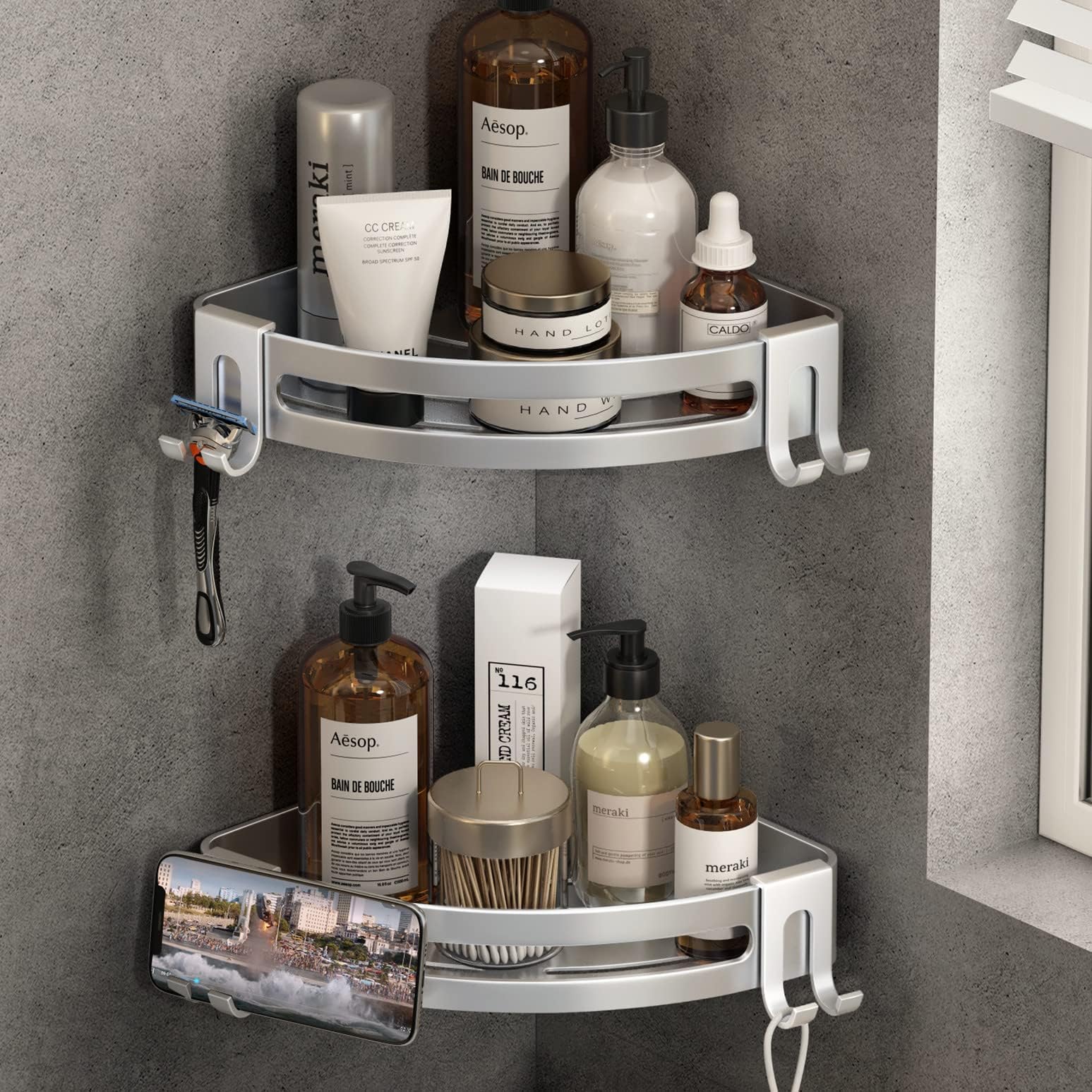 Hawsam No Drilling Bathroom Corner Shelves, Aluminum 2 Tier Shower Shelf Caddy