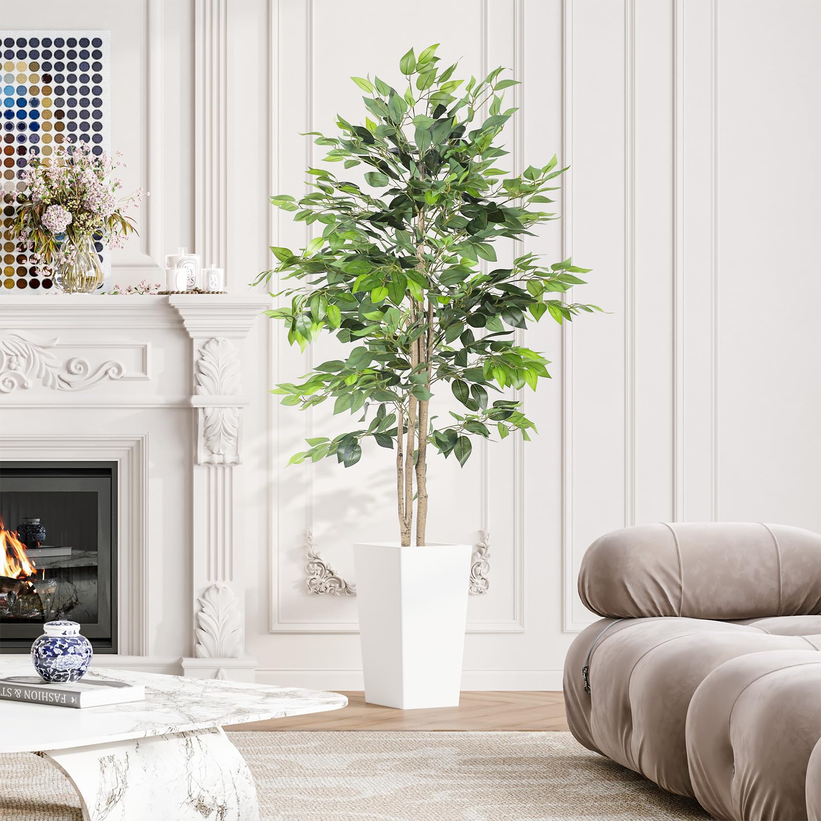 YOLEO Kunstpflanze Ficus Benjamini 180cm mit weißem Topf | Kunstbaum Ficusbaum wie echt, Birkenfeige für Wohnzimmer, Büro, Garten