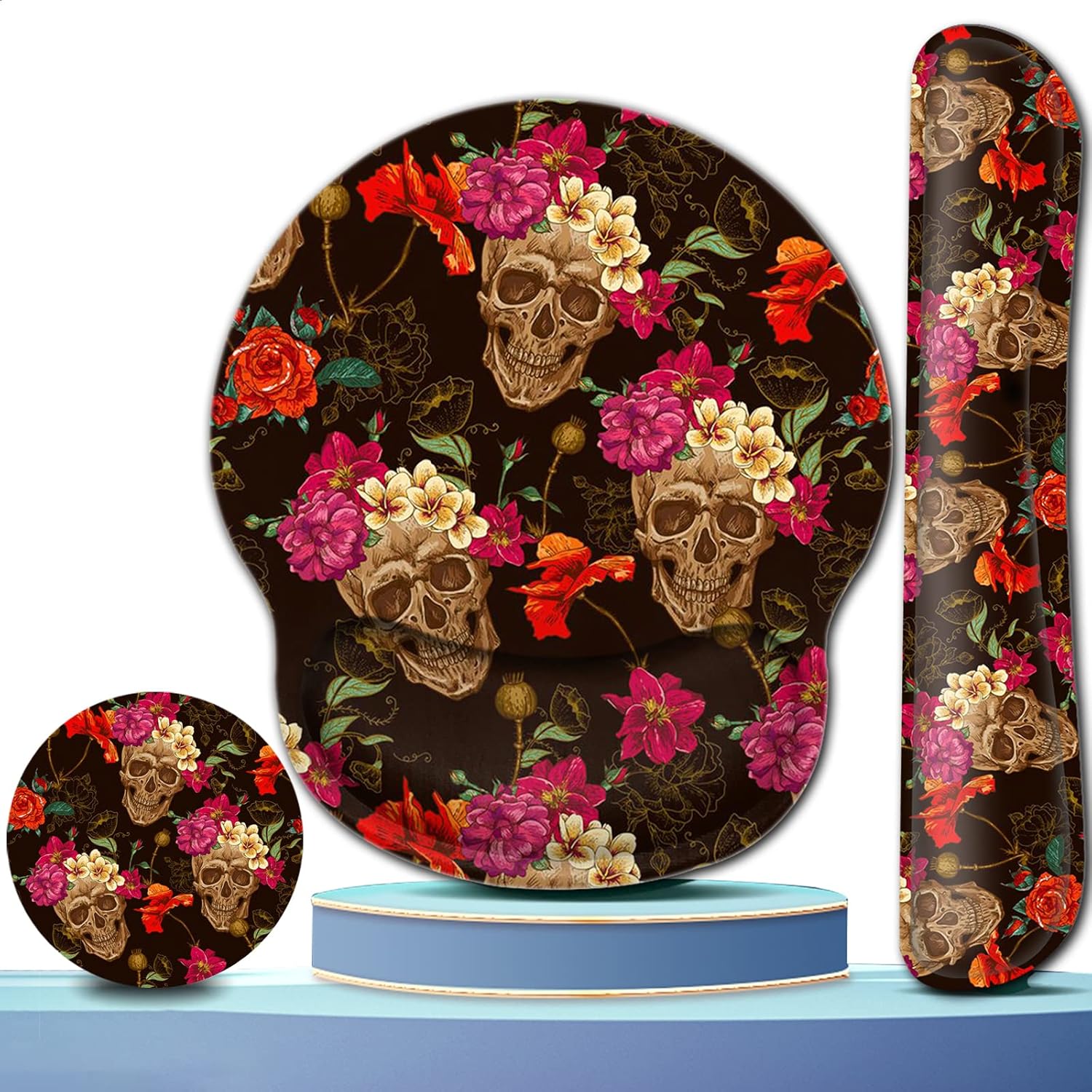 Gel Mouse Pad Wrist Support and Memory Foam Keyboard Wrist Rest in Office Accessories Set for Office, Computer, Laptop,Comfortable, Lightweight for Easy Typing Pain Relief,Rose Flower Skull Desk pad