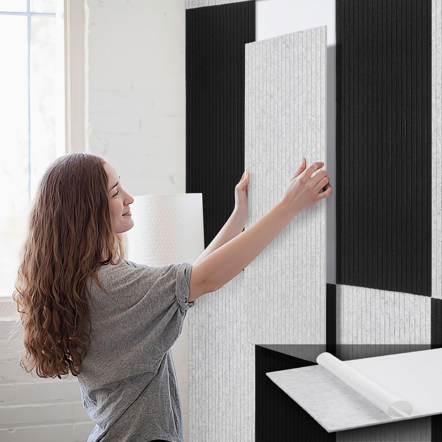 2.88㎡ - Paneles acústicos autoadhesivos (120 x 60 cm, 4 unidades, para oficina en casa, vivienda y oficina, 100 % poliéster, sin taladrar, aislamiento acústico, color gris claro)
