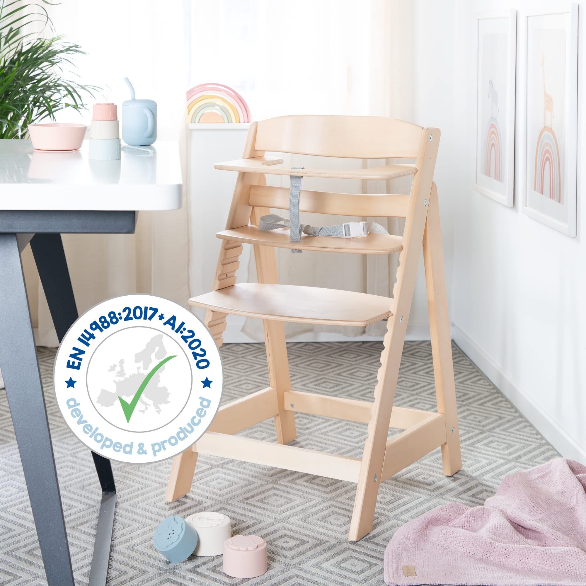 roba Babyhochstuhl Sit Up Flex - Mitwachsender Hochstuhl aus Holz - Verstellbarer Kinderhochstuhl mit Schrittgurt - ab 6 Monaten bis 70 kg - Natur