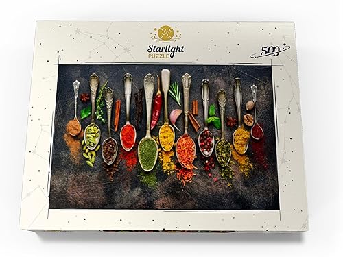 Miniatura 4 de MyPuzzle - Surtido de especias naturales en cucharas vintage en pizarra oscura, rompecabezas prémium de 500 piezas para adultos