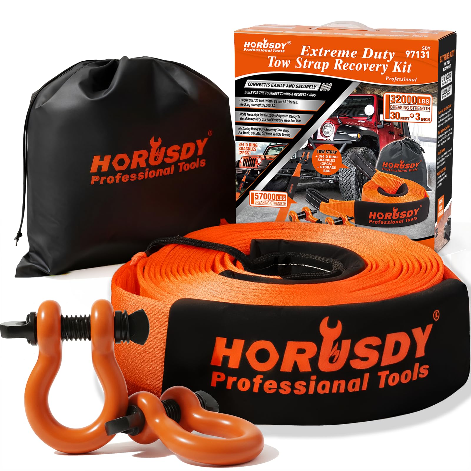 HORUSDY Nylon Heavy Duty Tow Strap Recovery Strap with Hooks 3" x 30Ft - 32,000 LBS Break Strength, 3/4 D Ring Shackles (2pcs), Recover Your Vehicle Stuck in Mud/Snow