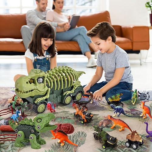 Miniatura 8 de B Bascolor Camión de dinosaurio de juguete para niños de 3 a 5 años, luces y sonidos, camión de transporte de juguetes con 12 figuras de dinosaurio,