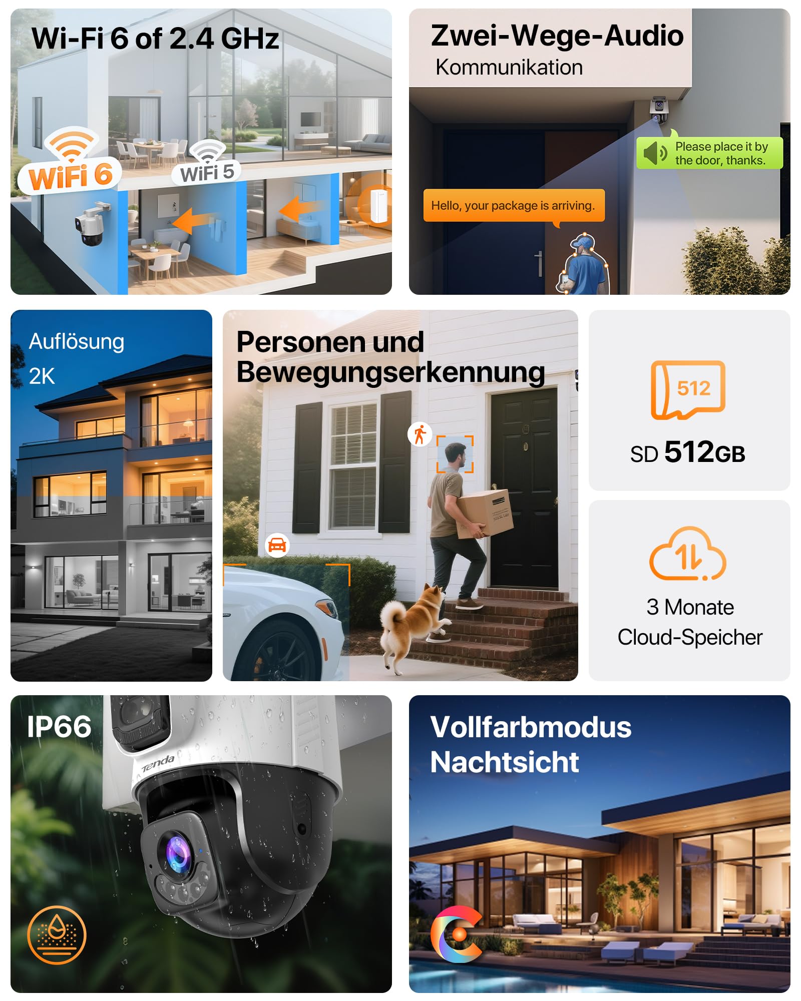 Tenda Überwachungskamera Außen mit Dual-Objektiv, 2K+2K WLAN Außenkamera mit PTZ & Festlinse, Farb-Nachtsicht, Lokaler Speicher ohne ABO, IP65, für Haus & Hof, Nur 2.4GHz