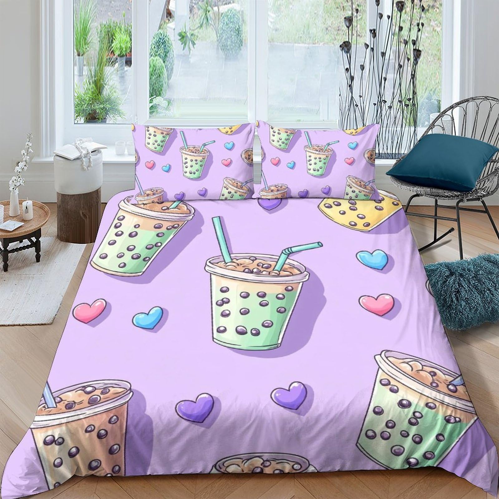 Ctjqhvkz Style-3 3D Printed Bubble Tea Fitted Sheet Microfiber Soft Bedroom Decor Pastel Heart Mattress Cover Dorm Youth Adult Single（135X200cm）