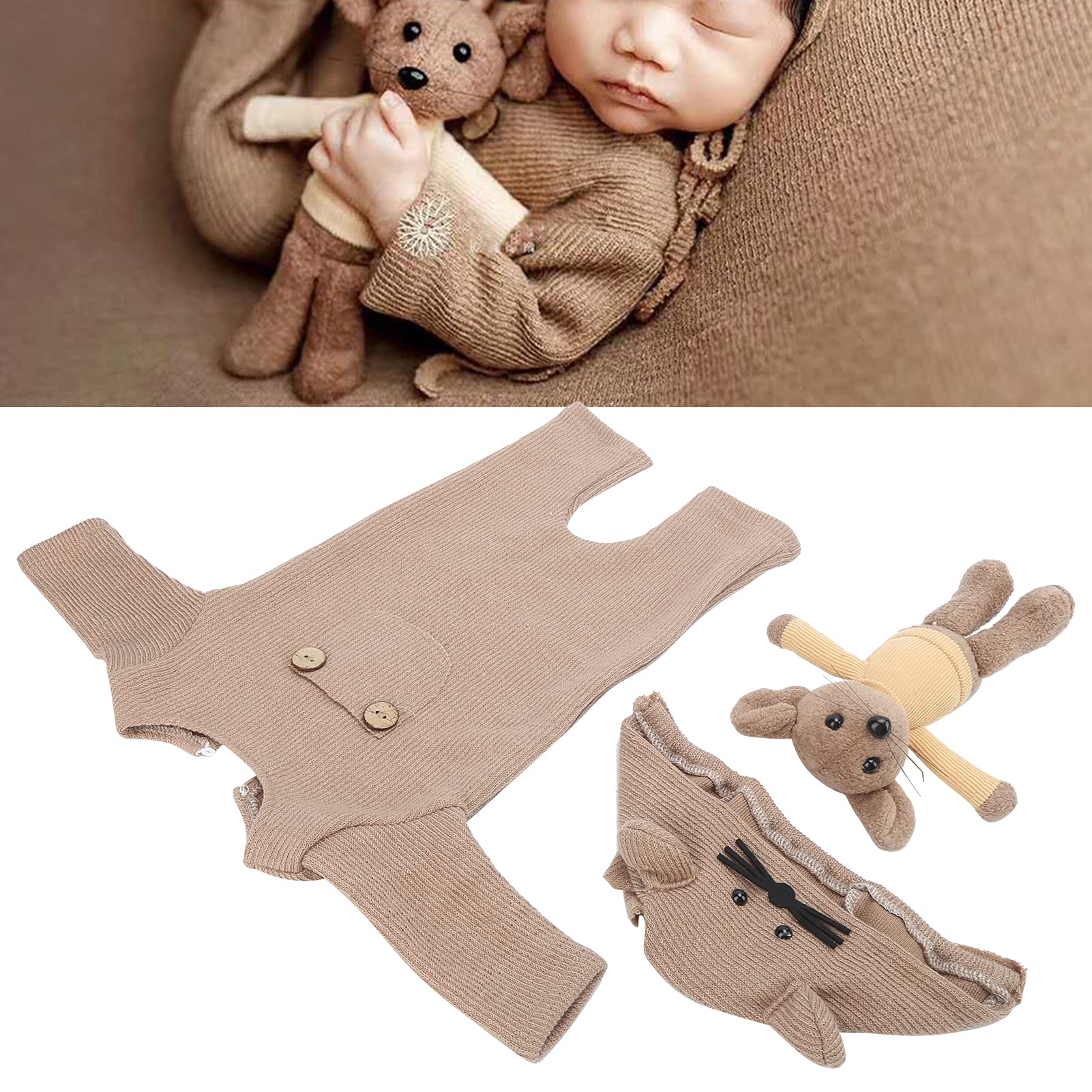 Baby Jumpsuit, Share Growth More Cute Newborn Photo Props Baby Gifts for Baby Photography(Brown, Hat + Doll + one-Piece) - Image 4 thumbnail