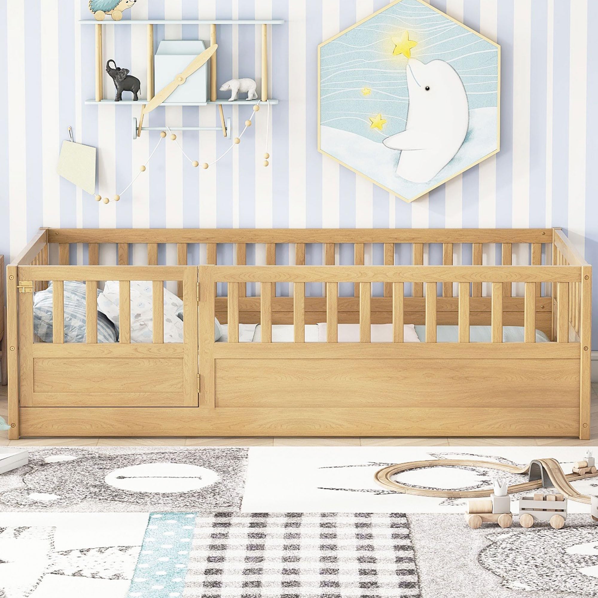 Twin Floor Bed with High Fence and Door, Kids Bed Twin Size, Wood Montessori Bed for Kids, Girls, Boys, Kids Montessori Floor Bed, Twin Floor Bed Without Slats(Natural Twin)