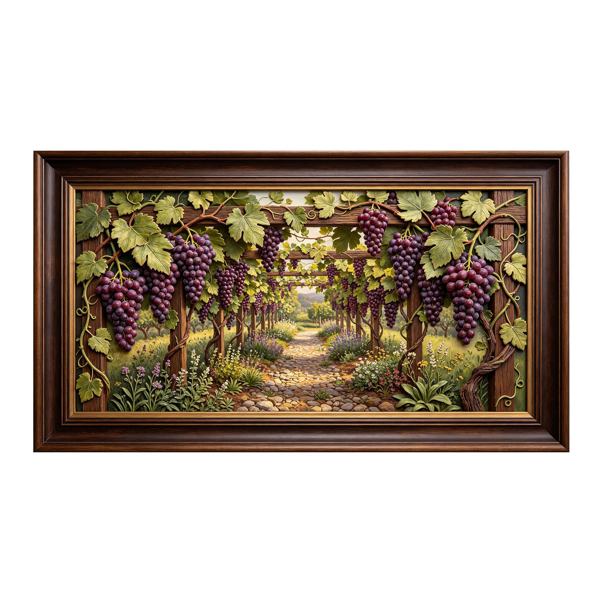 Murasolite 3D Framed Wall Art Vineyard Path Landscape Rustic Oil Painting SelfAdhesive Fabric Mural Wall Decor， Peel and Stick No Damage to Wall， AntiFall Safe Design for Bedroom Living Room